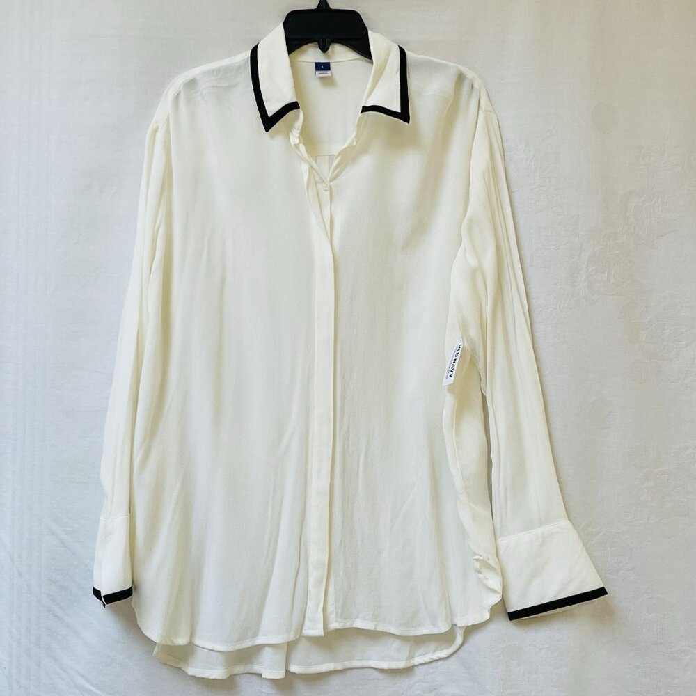 Old Navy Ivory Button Down Shirt WOmens Large Black Trim Career Party Minimalist